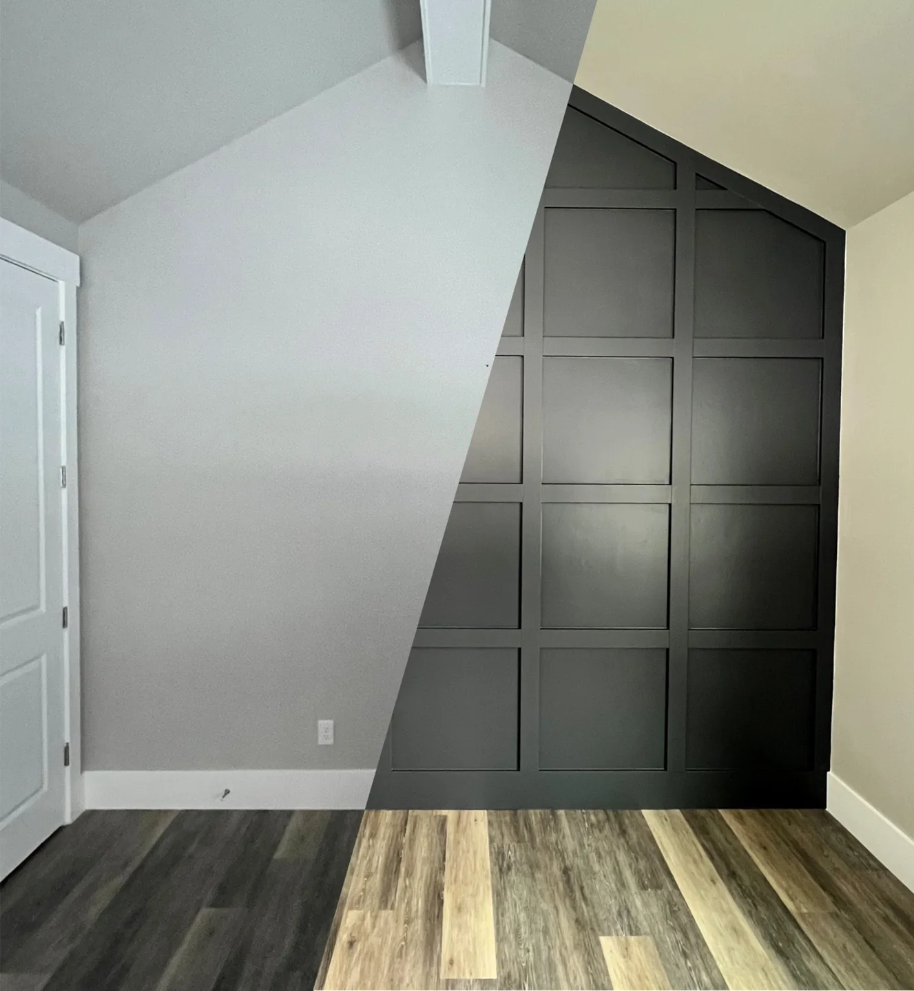 Before and after comparison of a plain wall and a dark board and batten accent wall