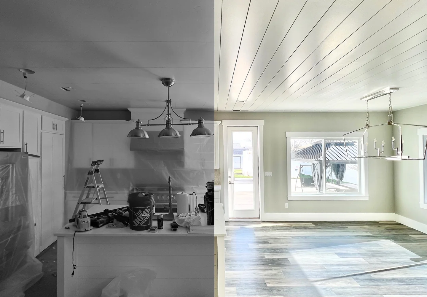 Side by side images showing a kitchen and dining area during and after work